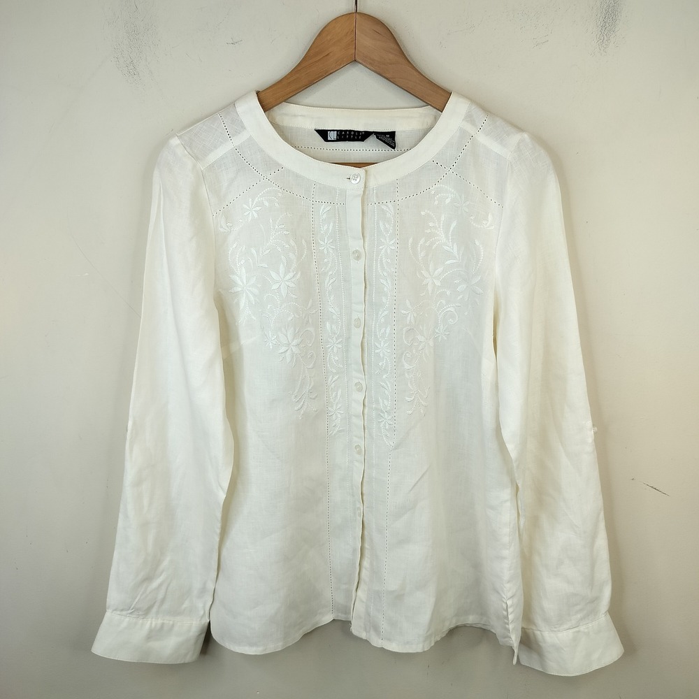 Carole Little Embroidered Linen Shirt Button Front Medium Ivory Long Sleeve